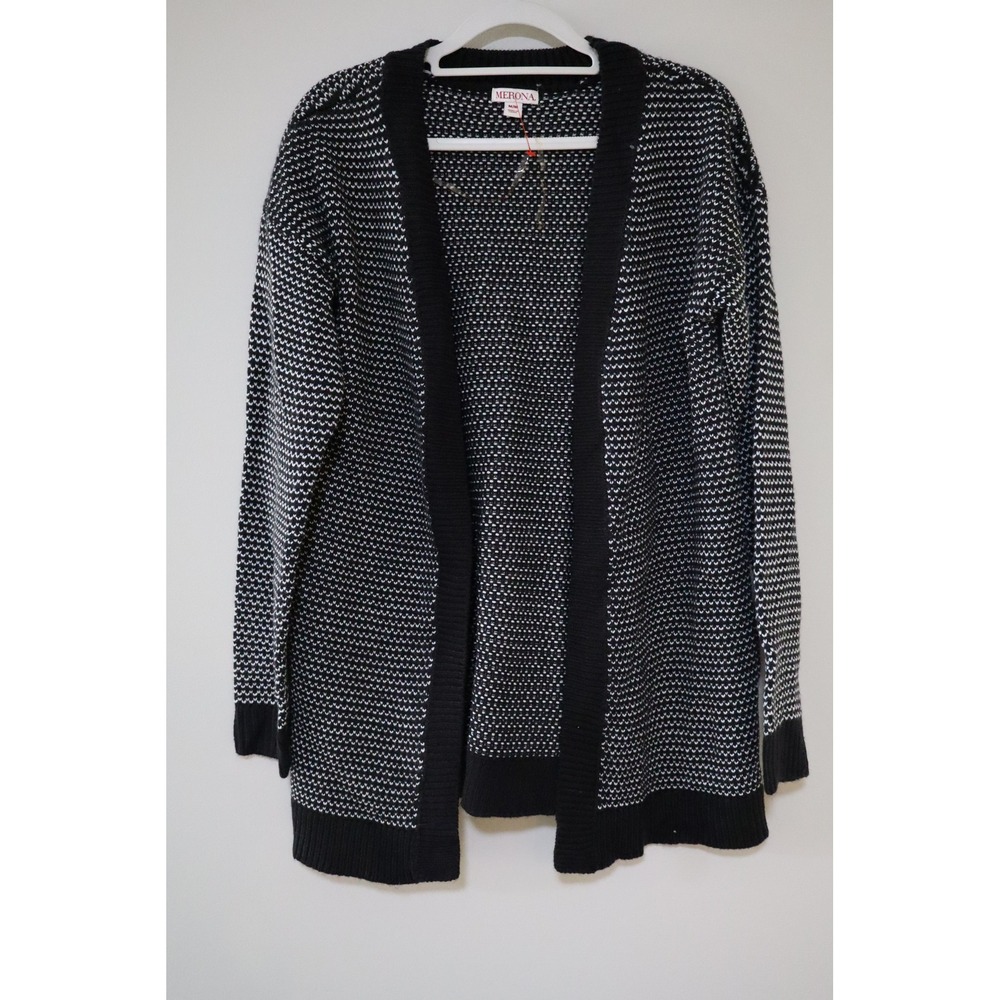 Dark Academia Minimalist Merona Cardigan Sweater Medium Black White Knit Open